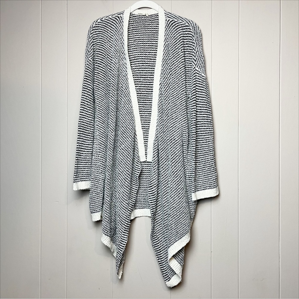 Eileen Fisher 100% Cotton Open Front Cardigan sweater black white waterfall - Picture 11 of 11